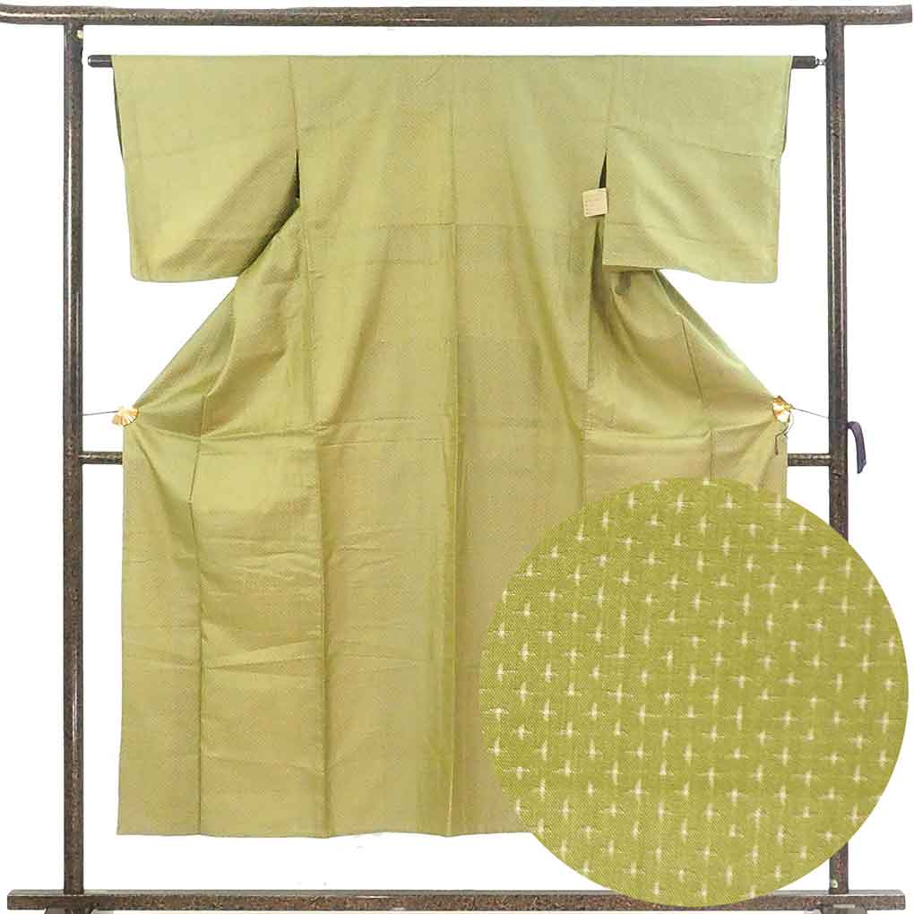 紬 リサイクル着物 身丈151cm 裄62cm 前幅24.5cm 後幅30cm 袖丈45cm 袖幅32cm レディース 単衣 絣模様 裄Sサイズ 初夏・初秋用 正絹（シルク）グリーン やや難 リメイク リユース【ランクB】