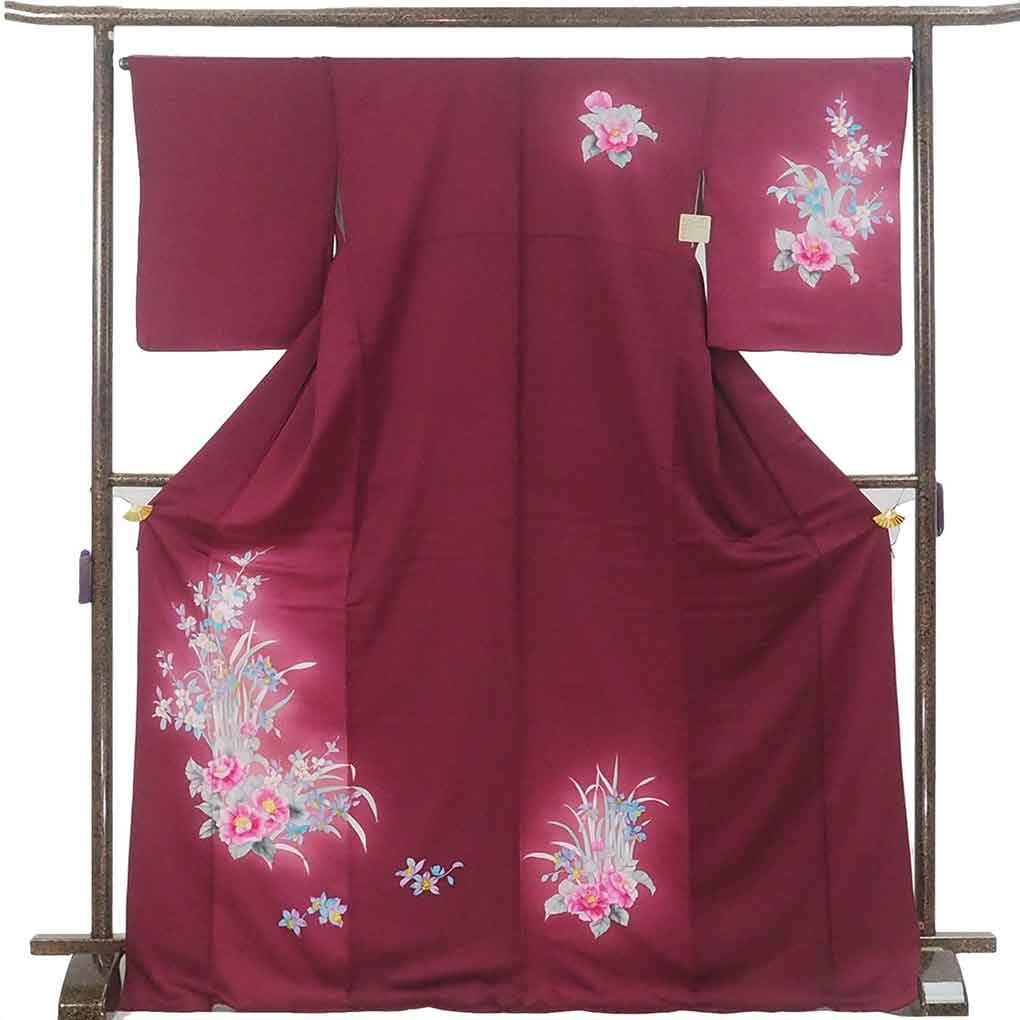 訪問着 リサイクル着物 身丈175cm 裄68cm 前幅24.5cm 後幅30cm 袖丈52.5cm 袖幅34cm レディース 袷 花柄 裄長 裄Lサイズ 秋冬春用 正絹（シルク）パープル トールサイズ 美品 リメイク リユース【ランクA】