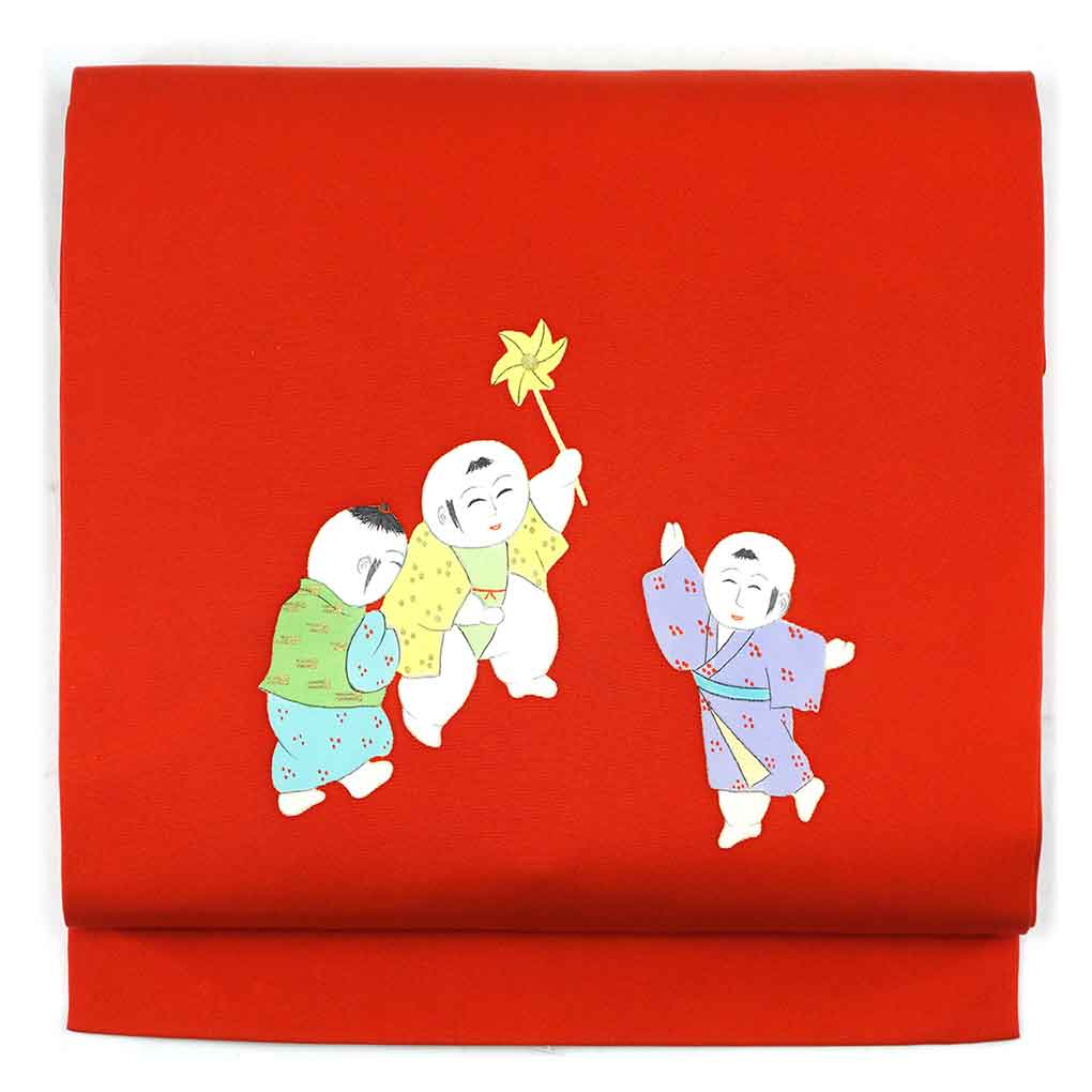 名古屋帯 リサイクル帯 幅32cm 長さ370cm レディース 唐子人形 秋冬春用 正絹（シルク）レッド 未使用品 塩瀬 リメイク リユース【ランクS】