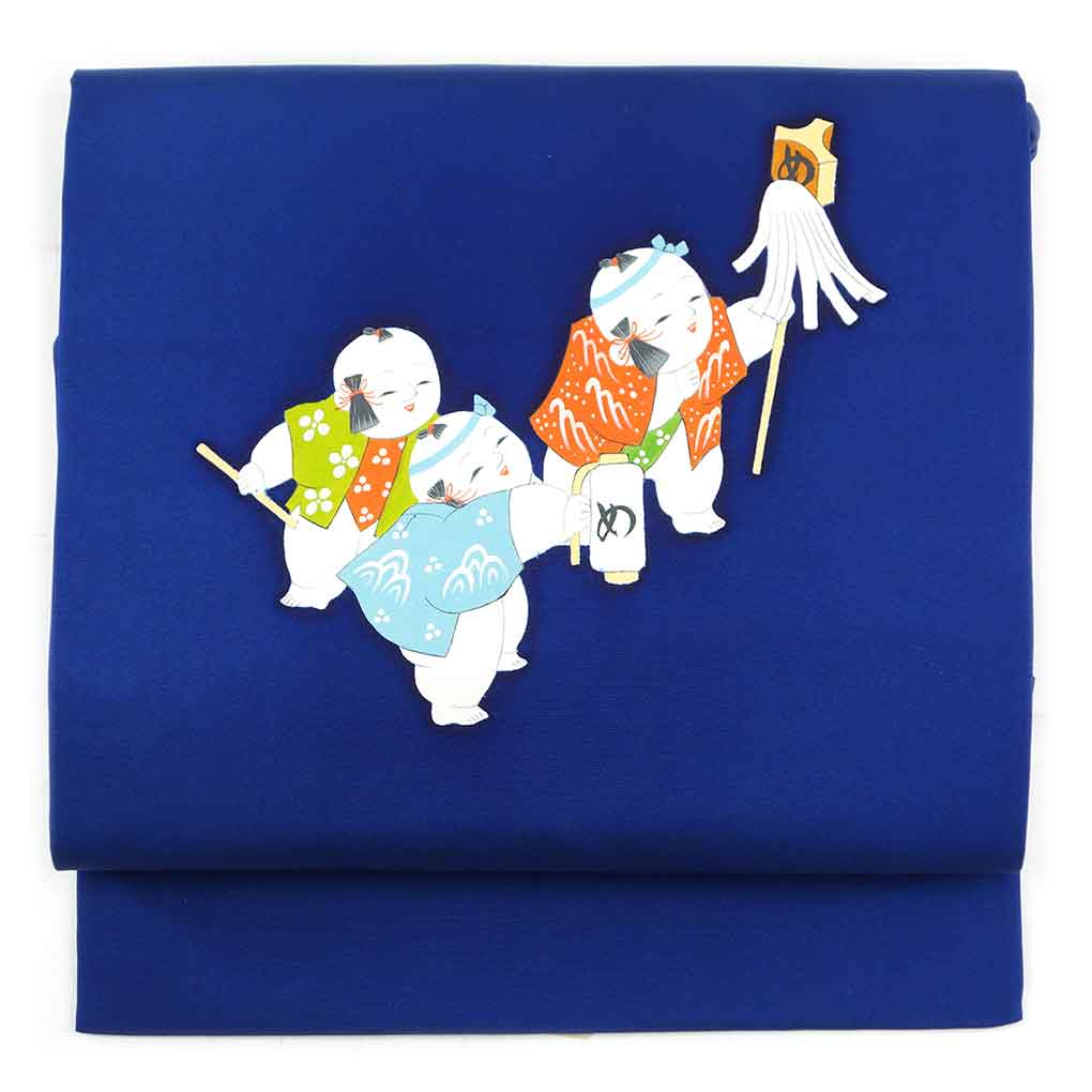 名古屋帯 リサイクル帯 幅30cm 長さ357cm レディース 唐子人形 秋冬春用 正絹（シルク）ネイビー 美品 塩瀬 リメイク リユース【ランクA】