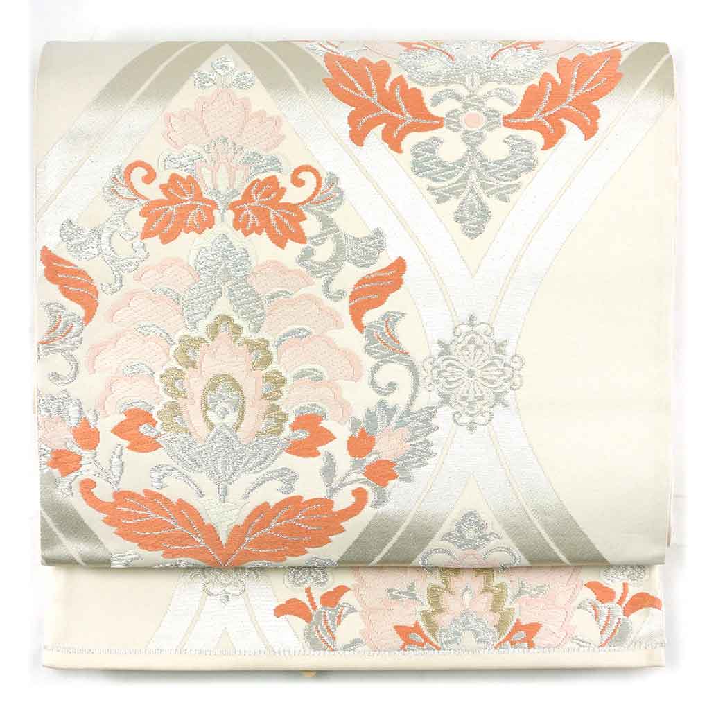 袋帯 リサイクル帯 幅31cm 長さ431cm レディース 花柄 秋冬春用 正絹（シルク）ホワイト 美品 リメイク リユース【ランクA】