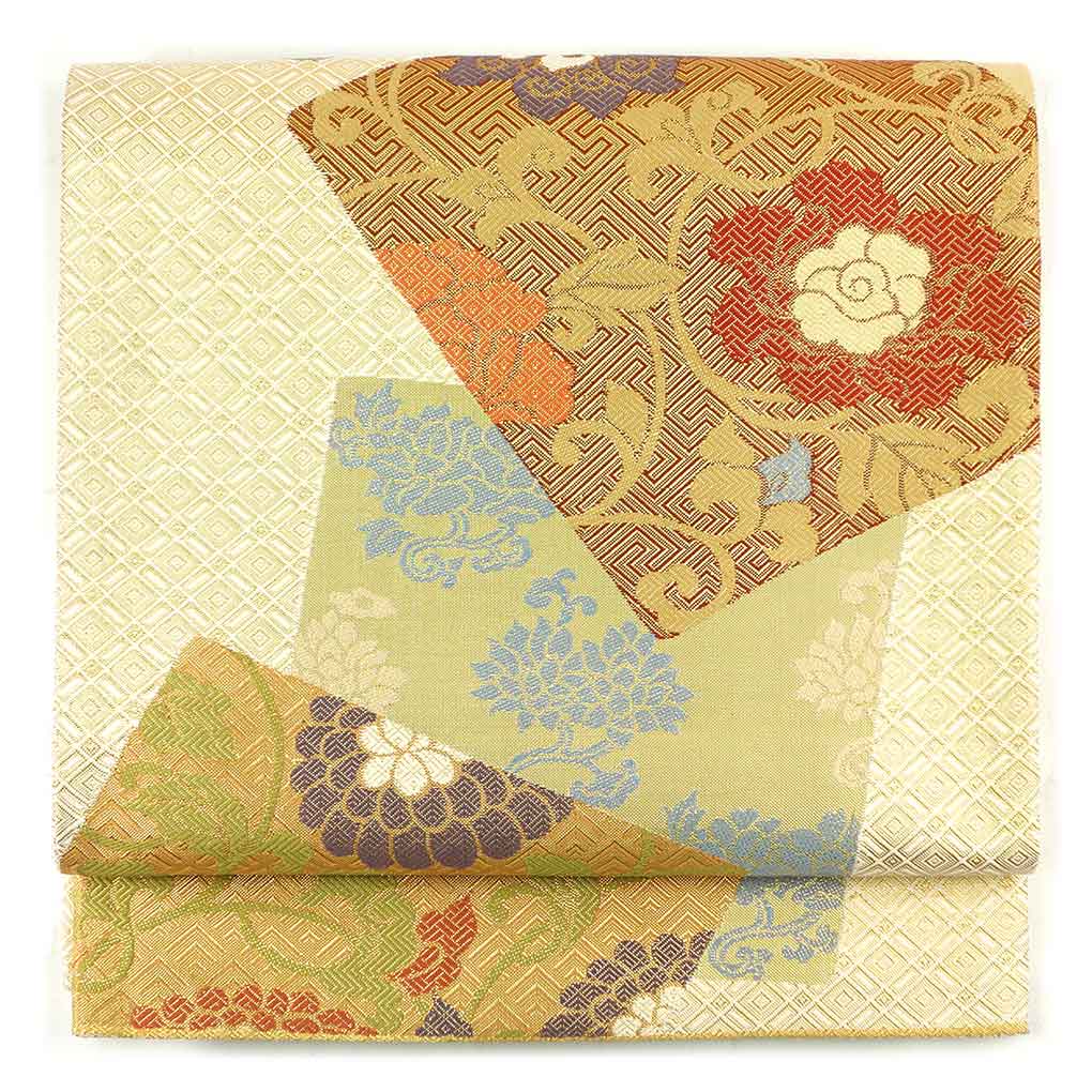 袋帯 リサイクル帯 幅30.5cm 長さ432cm レディース 袷 花柄 秋冬春用 正絹（シルク）ゴールド 美品 リメイク リユース【ランクA】