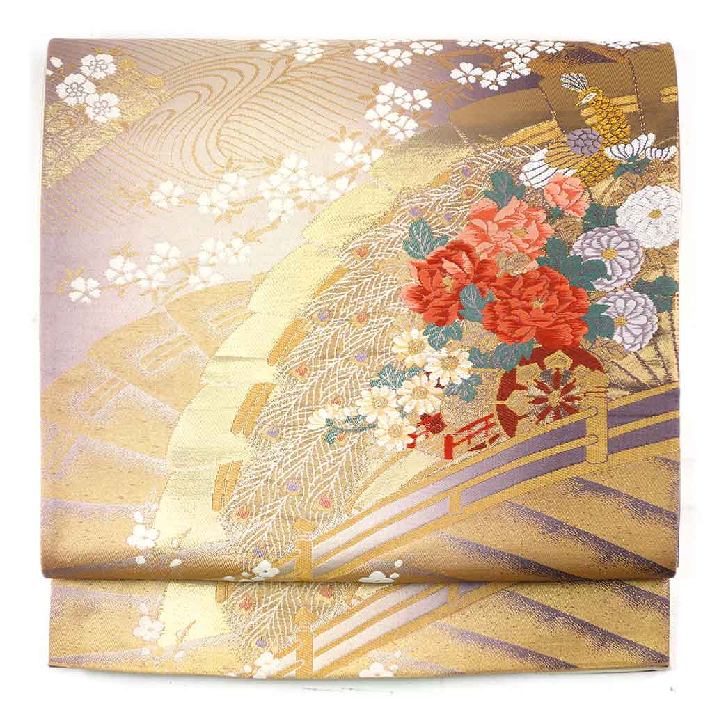 袋帯 リサイクル帯 幅31cm 長さ422cm レディース 扇面 秋冬春用 正絹（シルク）パープル 美品 リメイク リユース【ランクA】