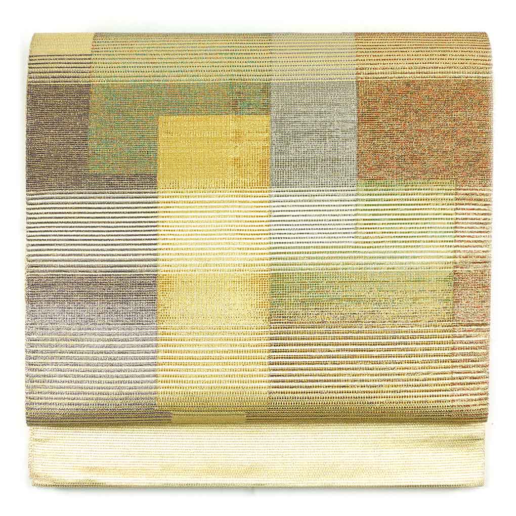 袋帯 リサイクル帯 幅30.5cm 長さ435cm レディース 抽象柄 秋冬春用 正絹（シルク）ゴールド 美品 リメイク リユース【ランクA】