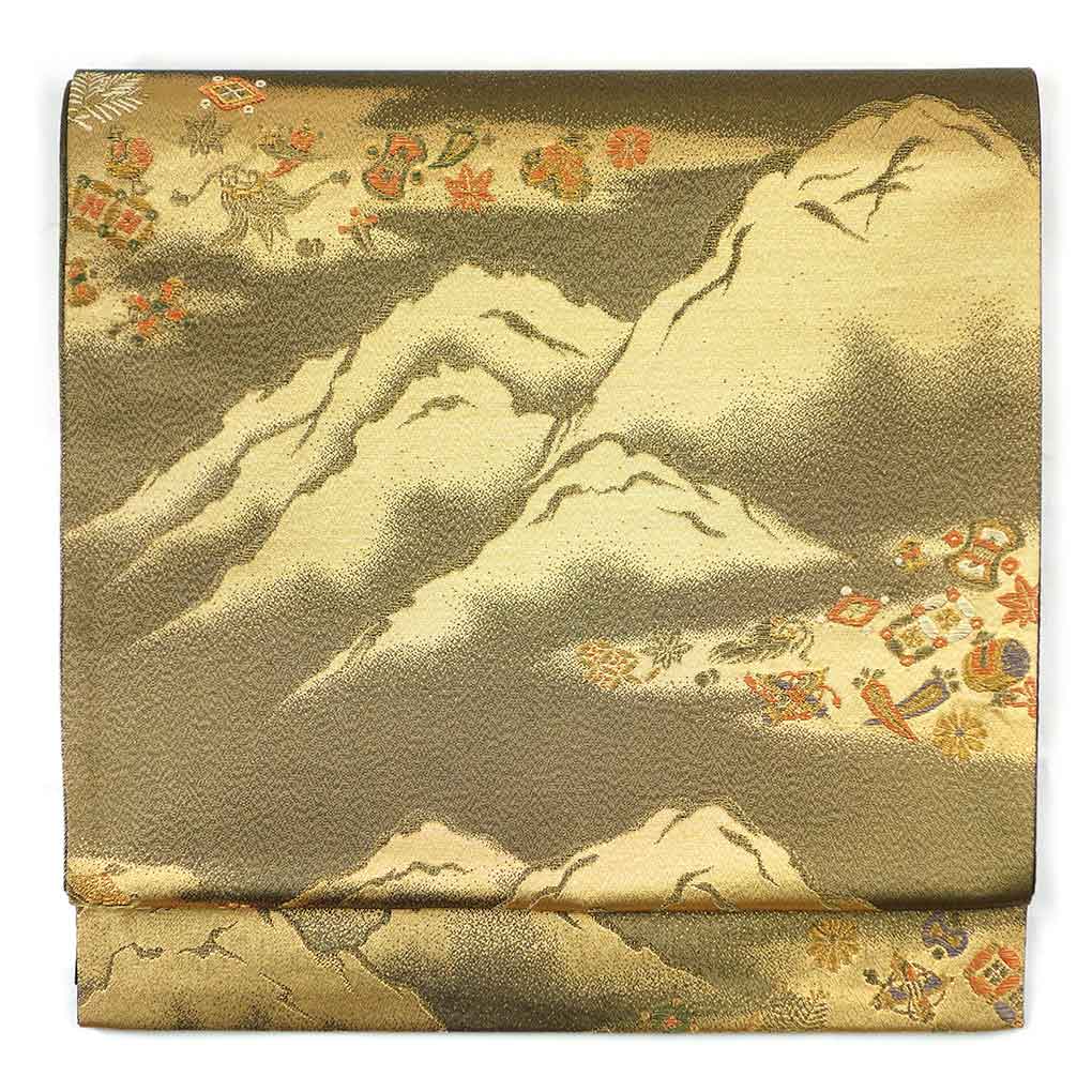 袋帯 リサイクル帯 幅30.5cm 長さ428cm レディース 宝尽くし 秋冬春用 正絹（シルク）ゴールド 美品 リメイク リユース【ランクA】