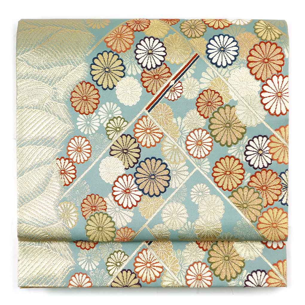 袋帯 リサイクル帯 幅30.5cm 長さ431cm レディース 菊 秋冬春用 正絹（シルク）ブルー 美品 リメイク リユース【ランクA】