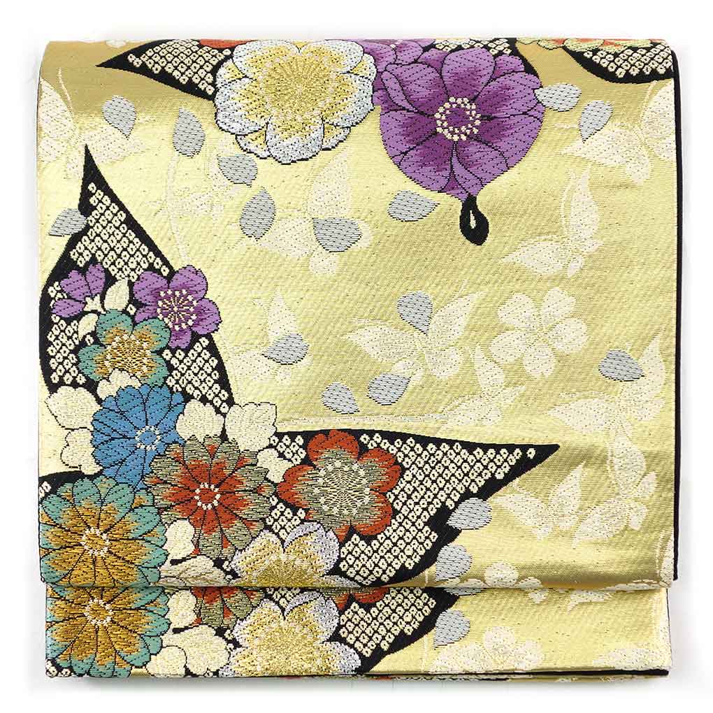 袋帯 リサイクル帯 幅31cm 長さ462cm レディース 蝶柄 秋冬春用 正絹（シルク）ゴールド 美品 リメイク リユース【ランクA】