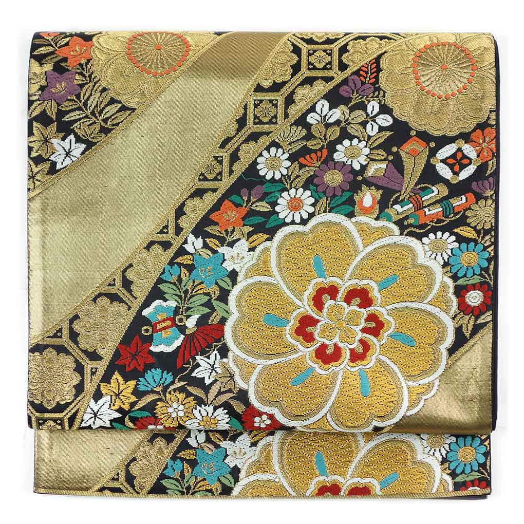 袋帯 リサイクル帯 幅30.5cm 長さ431cm レディース 花柄 秋冬春用 正絹（シルク）ゴールド 美品 リメイク リユース【ランクA】