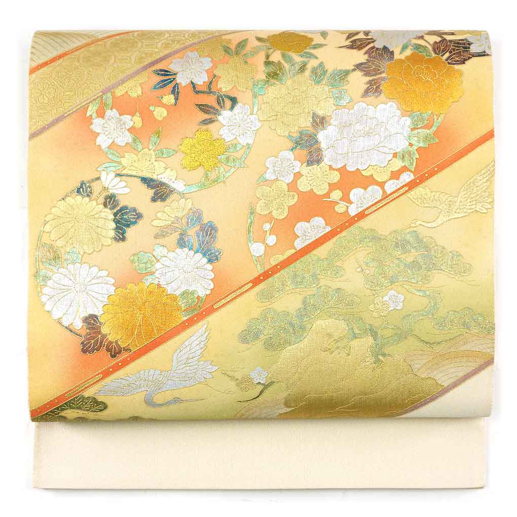 袋帯 リサイクル帯 幅31cm 長さ436cm レディース 金彩 秋冬春用 正絹（シルク）ホワイト やや難 リメイク リユース【ランクB】