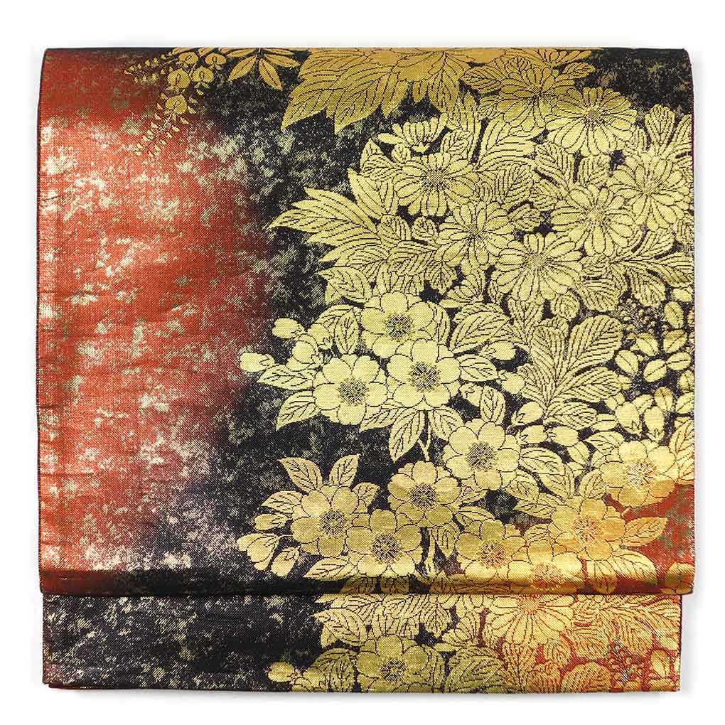 袋帯 リサイクル帯 幅31cm 長さ436cm レディース 花柄 秋冬春用 正絹（シルク）ゴールド 美品 リメイク リユース【ランクA】