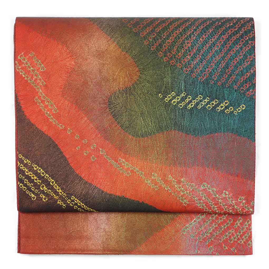 袋帯 リサイクル帯 幅32cm 長さ432cm レディース 絞り 秋冬春用 正絹（シルク）レッド 美品 リメイク リユース【ランクA】