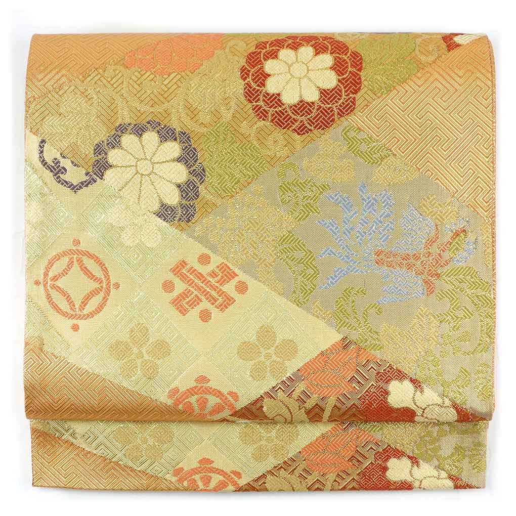 袋帯 リサイクル帯 幅31cm 長さ434cm レディース 花柄 秋冬春用 正絹（シルク）ゴールド 美品 リメイク リユース【ランクA】