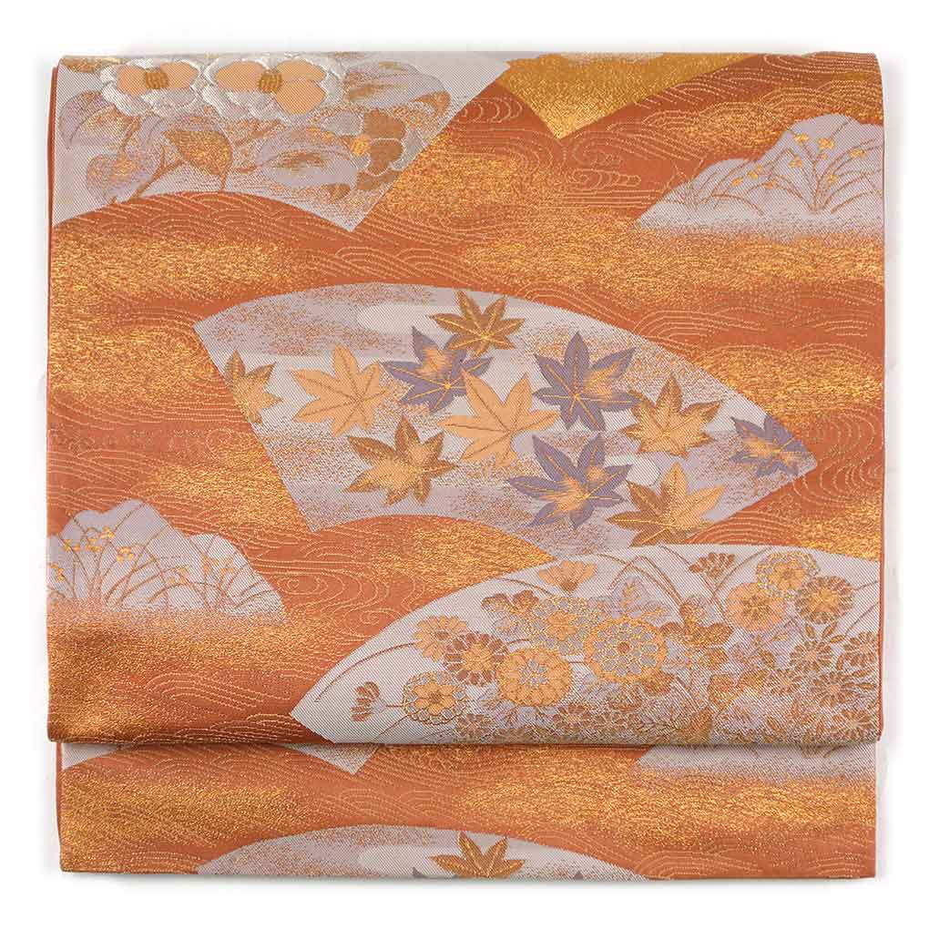 袋帯 リサイクル帯 幅30cm 長さ435cm レディース 扇面 秋冬春用 正絹（シルク）ブラウン 美品 リメイク リユース【ランクA】