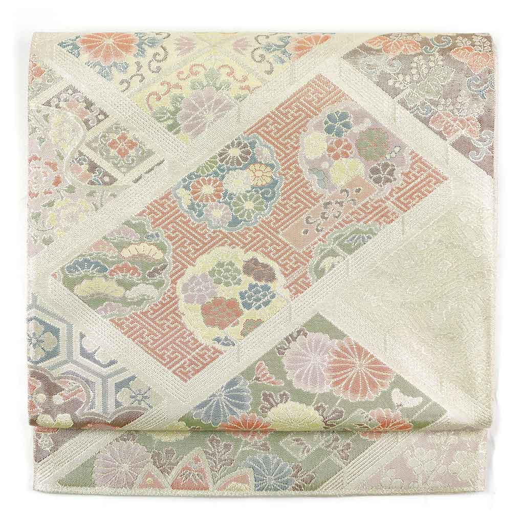 袋帯 リサイクル帯 幅30.5cm 長さ431cm レディース 花柄 秋冬春用 正絹（シルク）ゴールド 美品 リメイク リユース【ランクA】