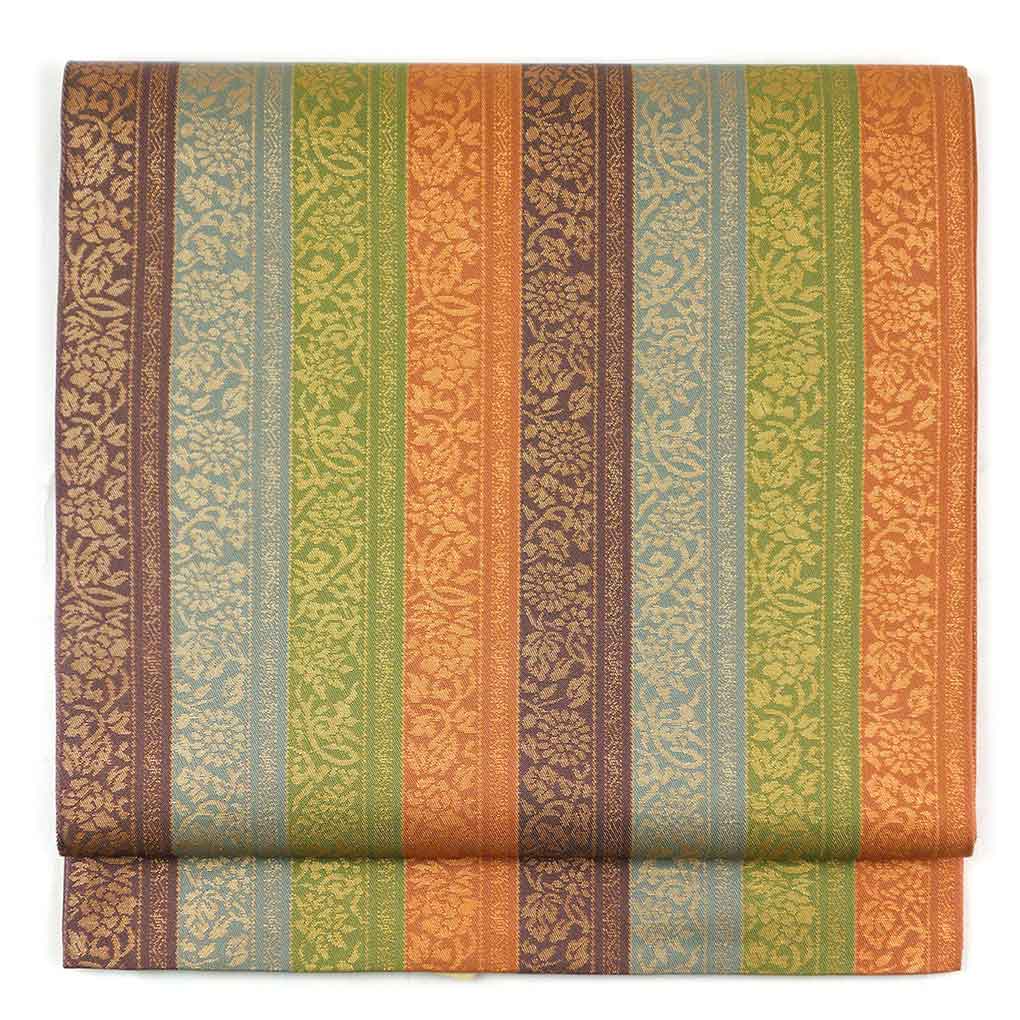 袋帯 リサイクル帯 幅30.5cm 長さ437cm レディース 縞 秋冬春用 正絹（シルク）ブラウン 美品 リメイク リユース【ランクA】