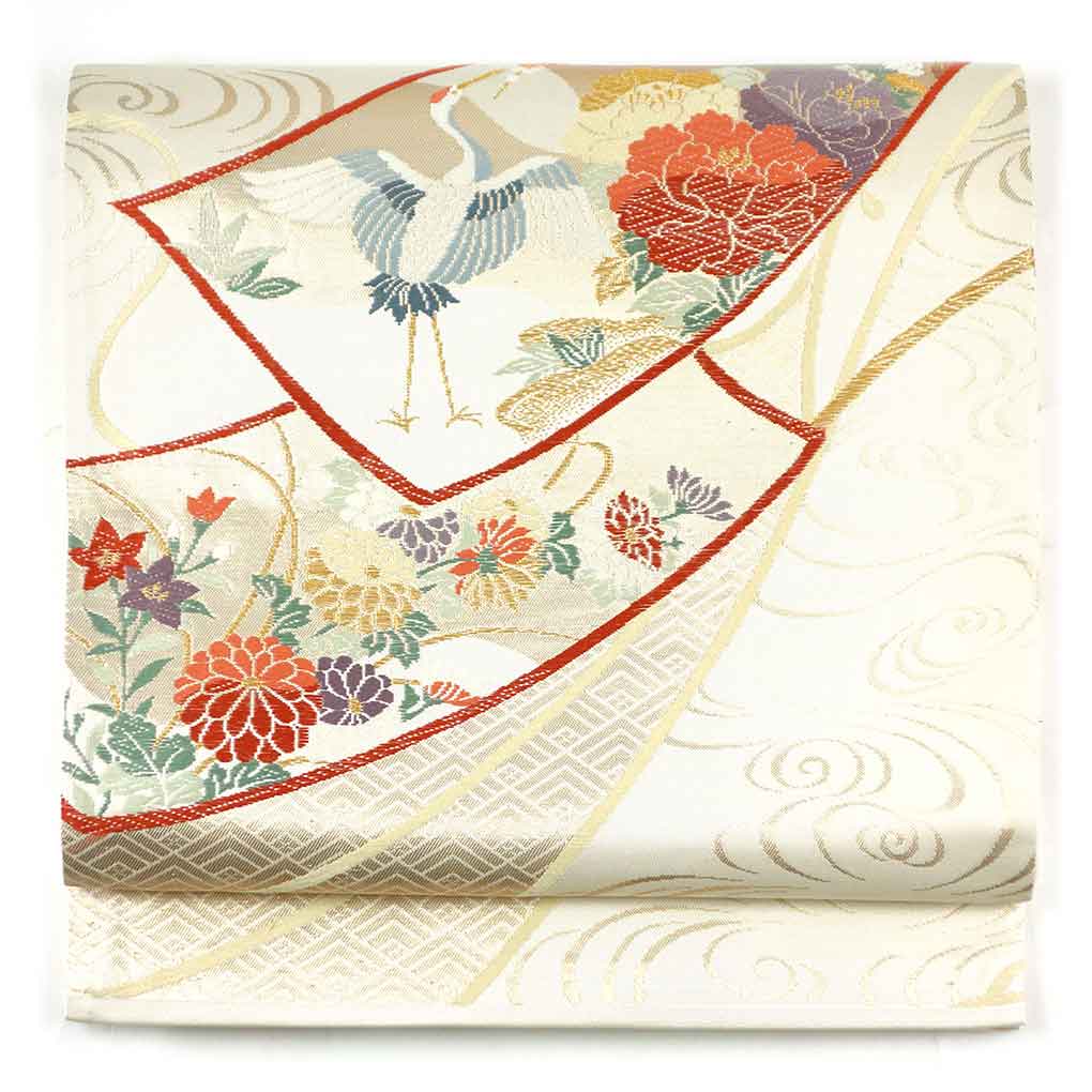 袋帯 リサイクル帯 幅31cm 長さ432cm レディース 流水 秋冬春用 正絹（シルク）ホワイト 美品 リメイク リユース【ランクA】