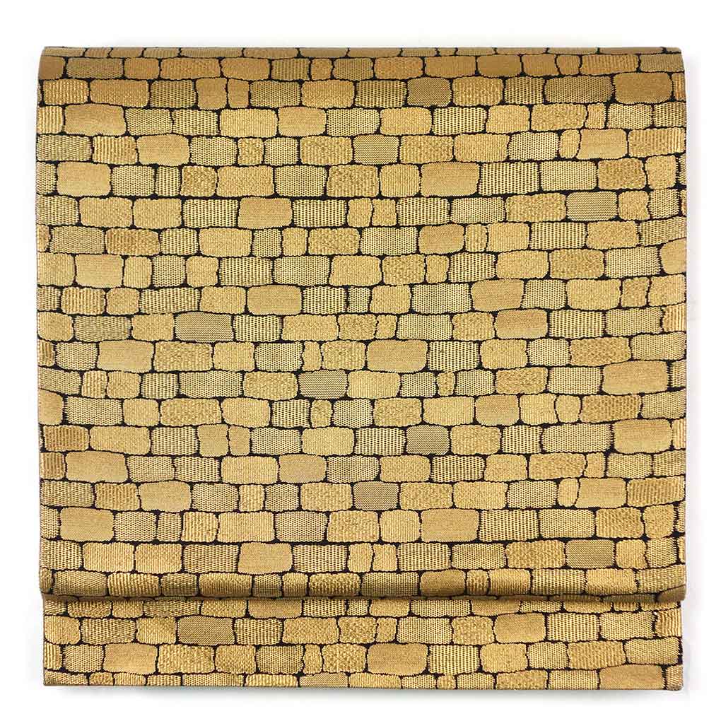 袋帯 リサイクル帯 幅31cm 長さ465cm レディース 連続模様 秋冬春用 正絹（シルク）ゴールド 未使用品 リメイク リユース【ランクS】