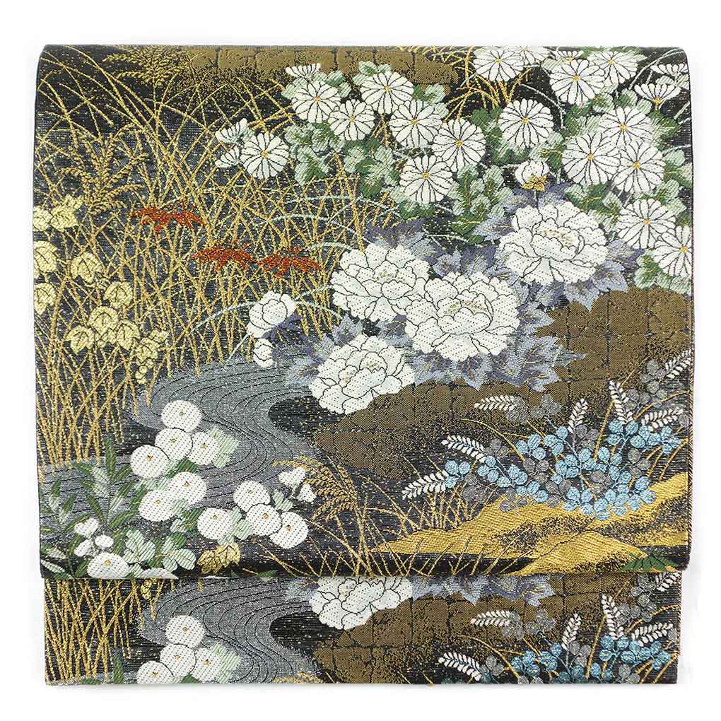 袋帯 リサイクル帯 幅30.5cm 長さ428cm レディース 花柄 秋冬春用 正絹（シルク）ブラック 未使用品 リメイク リユース【ランクS】