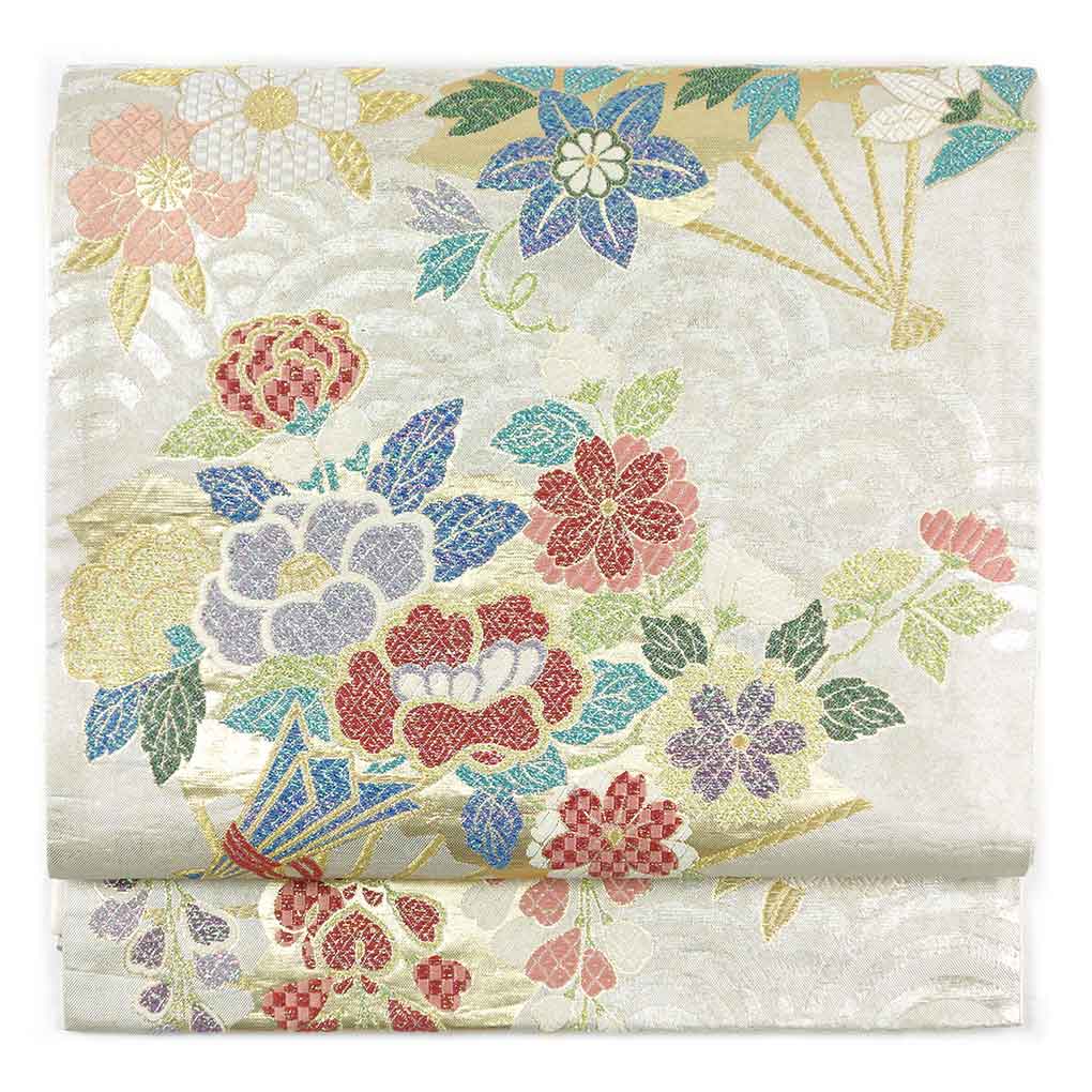 袋帯 リサイクル帯 幅31cm 長さ445cm レディース 花柄 秋冬春用 正絹（シルク）シルバー 美品 リメイク リユース【ランクA】