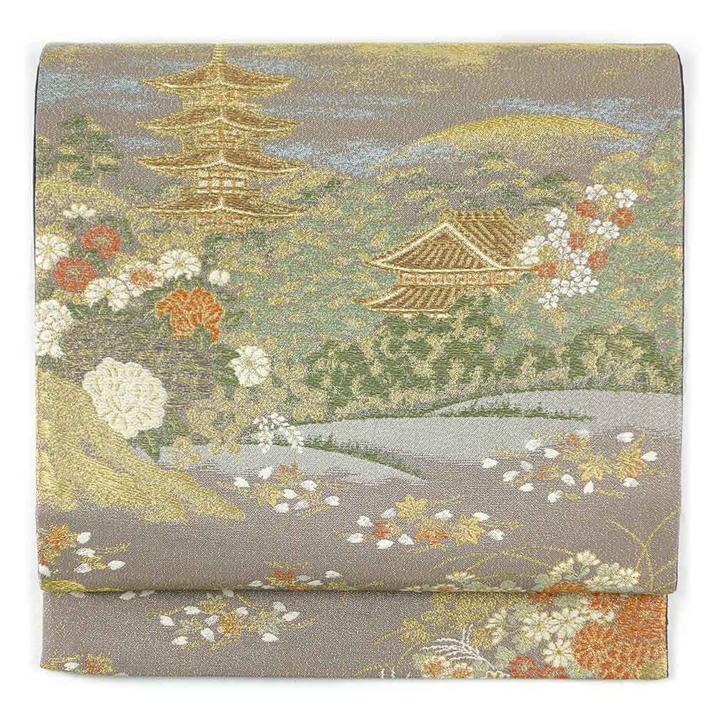 袋帯 リサイクル帯 幅30.5cm 長さ420cm レディース 五重塔 秋冬春用 正絹（シルク）ブラウン 未使用品 リメイク リユース【ランクS】