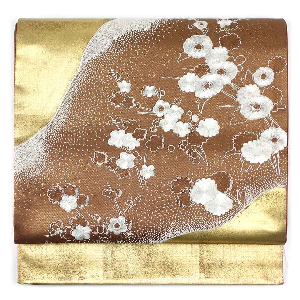 袋帯 リサイクル帯 幅30.5cm 長さ445cm レディース 花柄 秋冬春用 正絹（シルク）ブラウン 美品 リメイク リユース【ランクA】