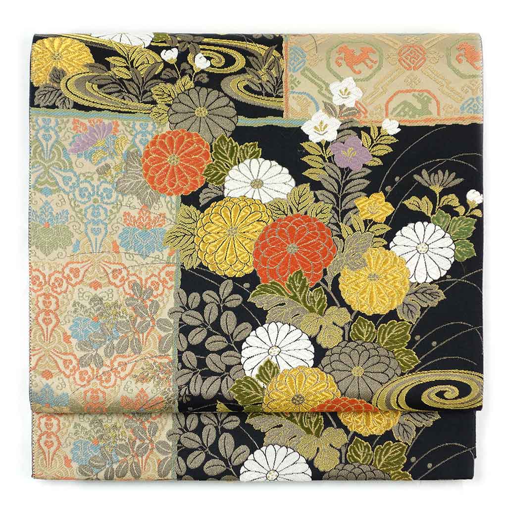 袋帯 リサイクル帯 幅30.5cm 長さ428cm レディース 花柄 秋冬春用 正絹（シルク）ブラック 美品 リメイク リユース【ランクA】