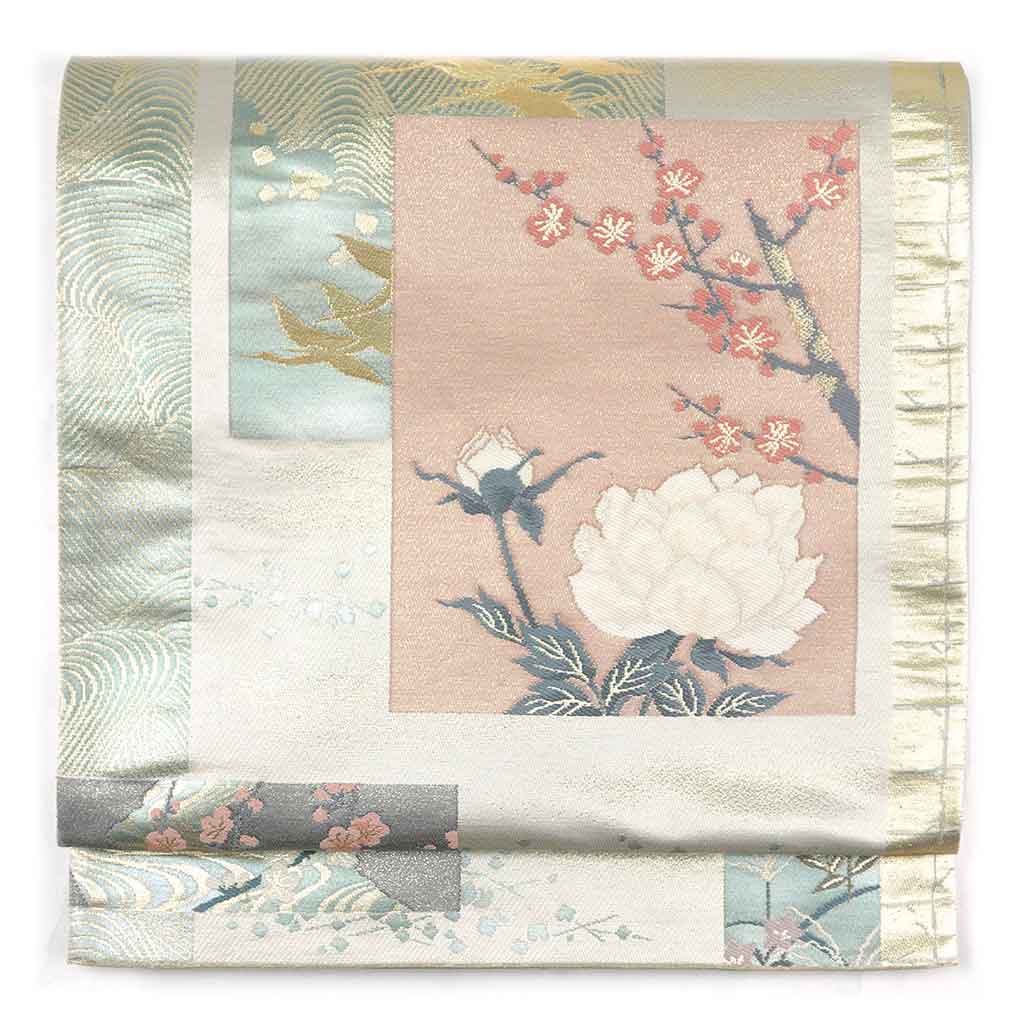 袋帯 リサイクル帯 幅31cm 長さ445cm レディース 花柄 秋冬春用 正絹（シルク）シルバー 美品 リメイク リユース【ランクA】