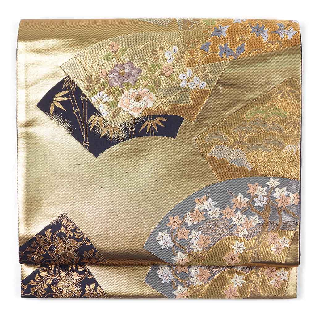 袋帯 リサイクル帯 幅30.5cm 長さ421cm レディース 扇面 秋冬春用 正絹（シルク）ゴールド 美品 リメイク リユース【ランクA】