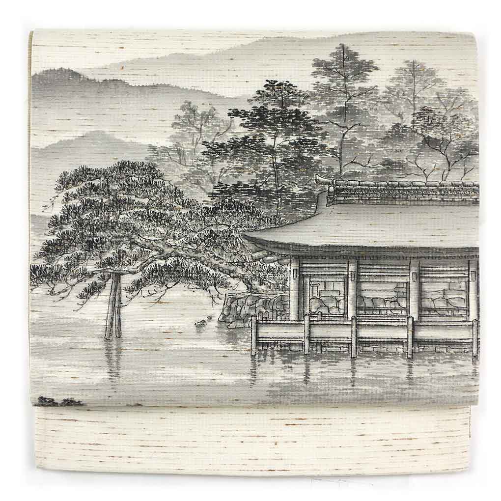 袋帯 リサイクル帯 幅31cm 長さ445cm レディース 安芸の宮島 秋冬春用 正絹（シルク）ホワイト 未使用品 ぜんまい紬 リメイク リユース【ランクS】