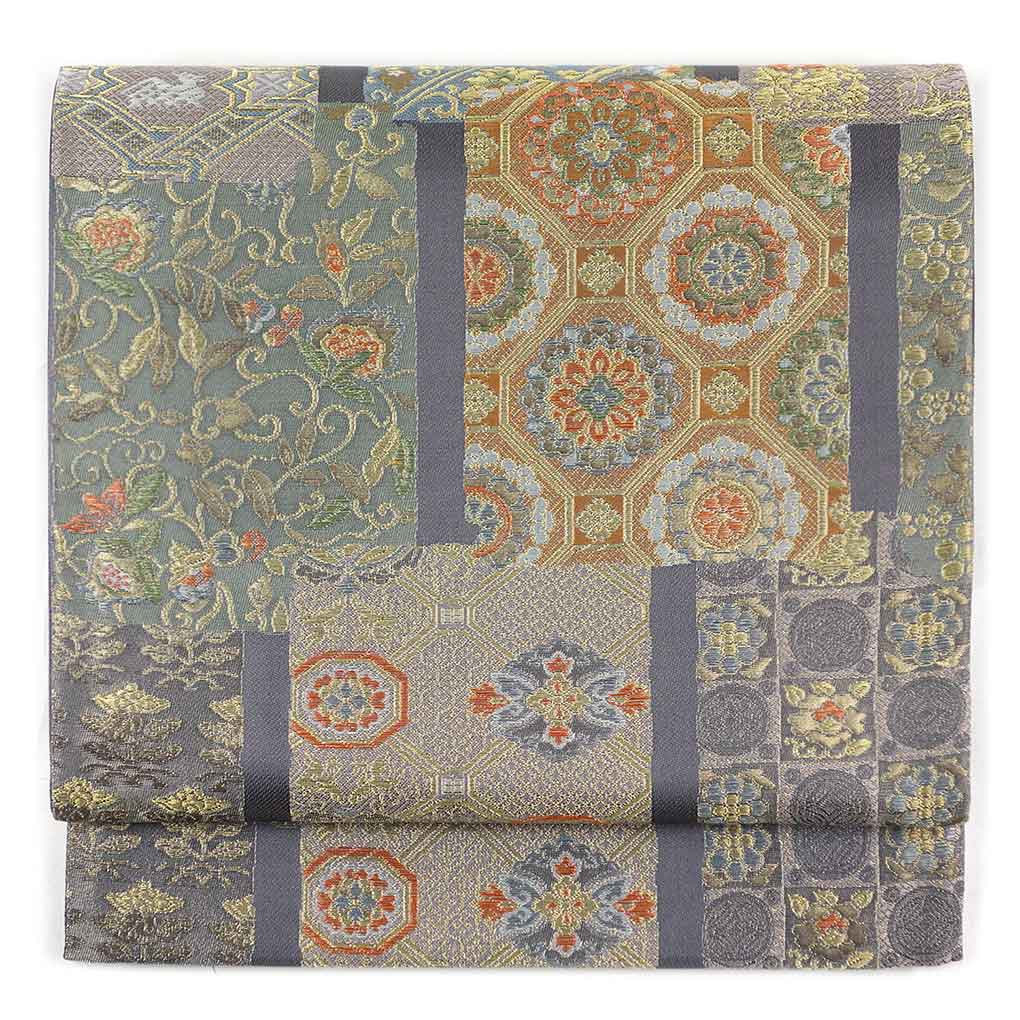 袋帯 リサイクル帯 幅31cm 長さ442cm レディース 連続模様 秋冬春用 正絹（シルク）ゴールド 美品 しらえ織物 リメイク リユース【ランクA】