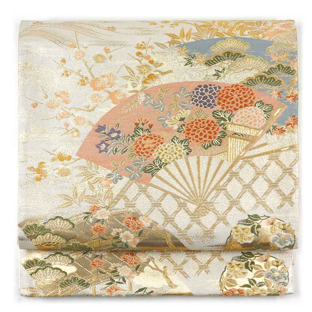 袋帯 リサイクル帯 幅31cm 長さ433cm レディース 扇面 秋冬春用 正絹（シルク）シルバー 美品 リメイク リユース【ランクA】