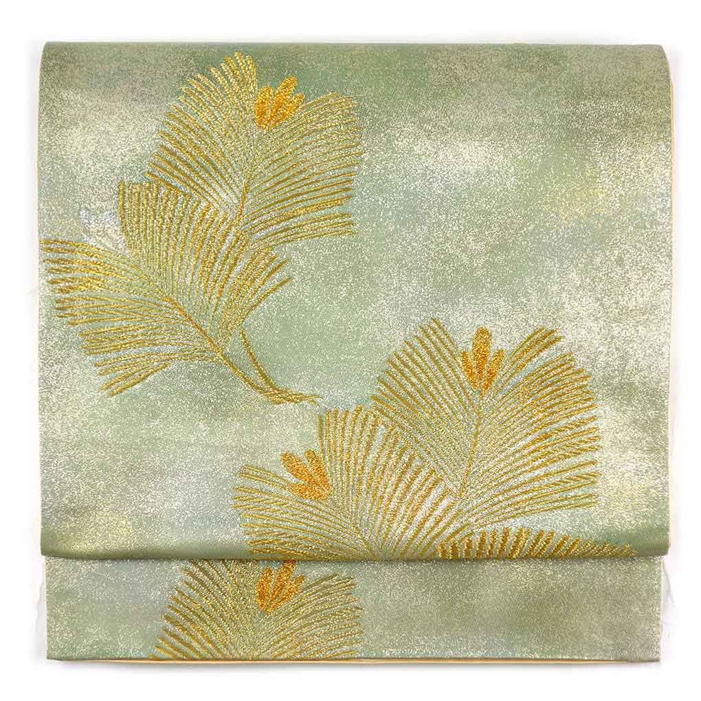 袋帯 リサイクル帯 幅30.5cm 長さ445cm レディース 松葉 秋冬春用 正絹（シルク）グリーン 美品 リメイク リユース【ランクA】