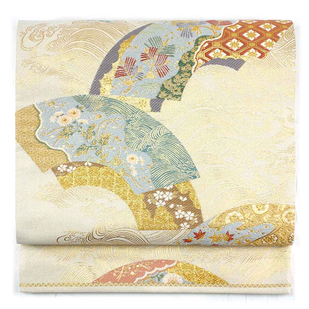 袋帯 リサイクル帯 幅31cm 長さ445cm レディース 扇面 秋冬春用 正絹（シルク）ゴールド 美品 リメイク リユース【ランクA】