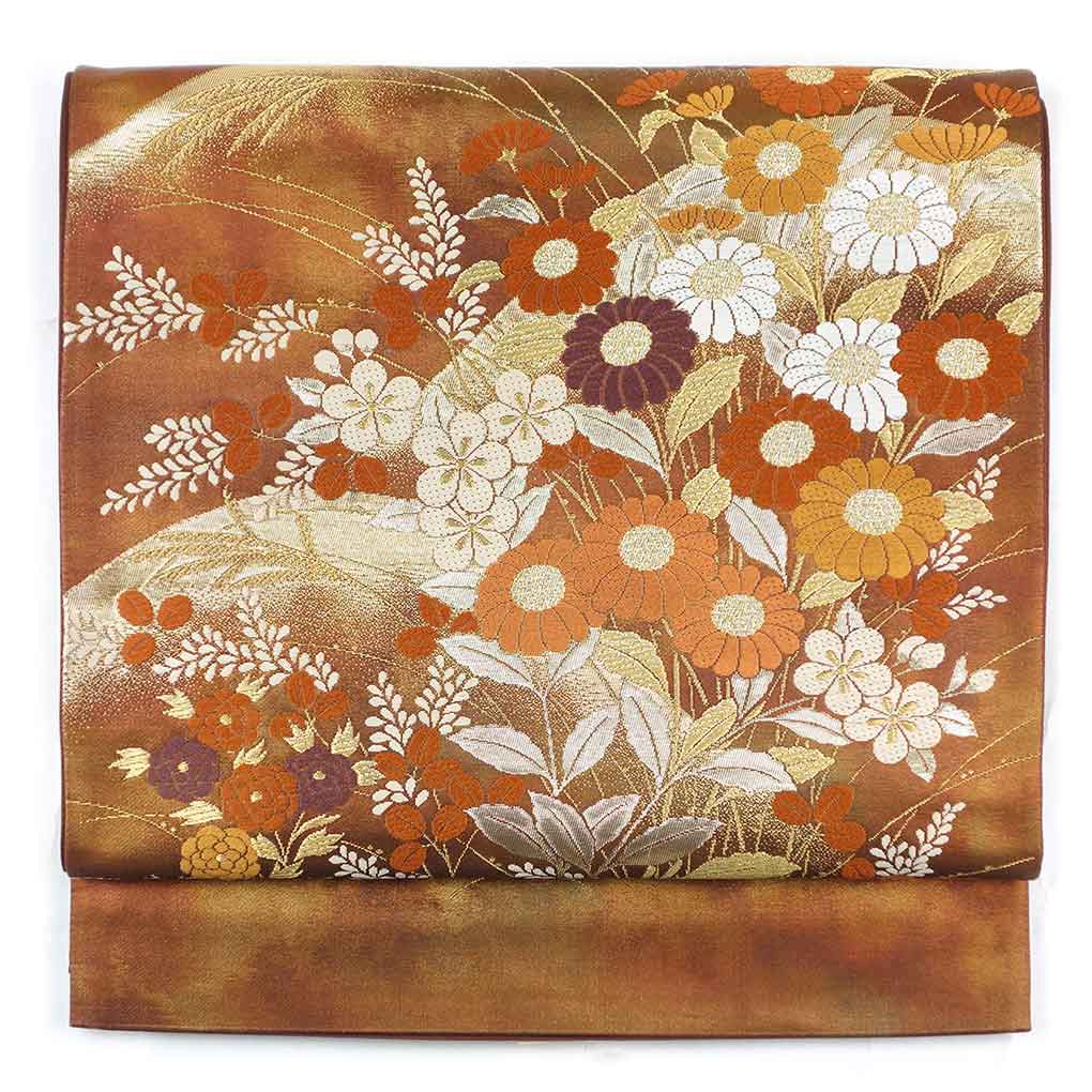 袋帯 リサイクル帯 幅30.5cm 長さ428cm レディース 花柄 秋冬春用 正絹（シルク）ブラウン 美品 リメイク リユース【ランクA】