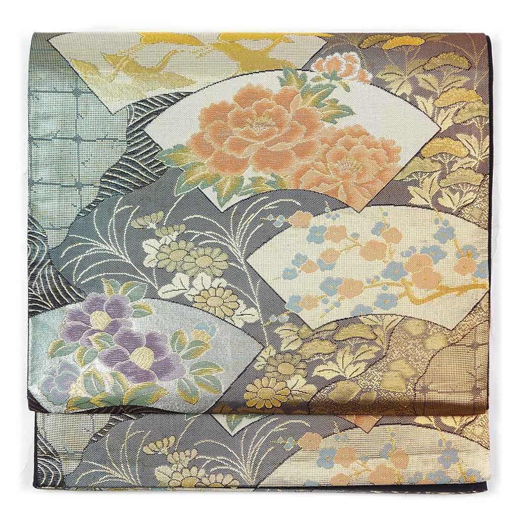 袋帯 リサイクル帯 幅30.5cm 長さ431cm レディース 扇面 秋冬春用 正絹（シルク）シルバー やや難 リメイク リユース【ランクB】