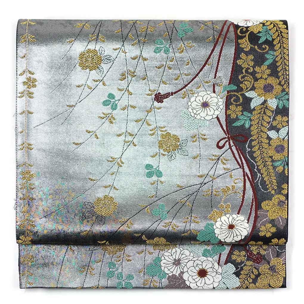 袋帯 リサイクル帯 幅31cm 長さ445cm レディース 花柄 秋冬春用 正絹（シルク）シルバー 美品 リメイク リユース【ランクA】