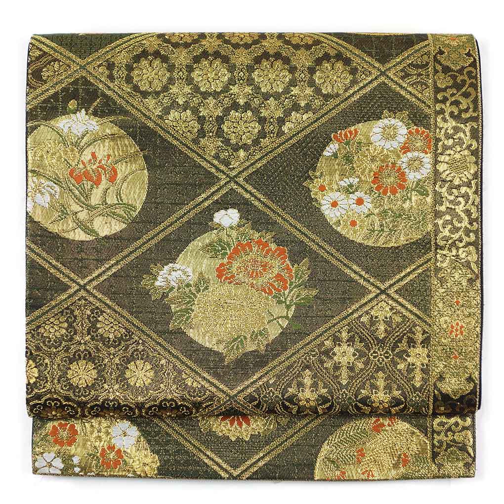 袋帯 リサイクル帯 幅31cm 長さ435cm レディース 袷 菱形 秋冬春用 正絹（シルク）ゴールド 美品 リメイク リユース【ランクA】