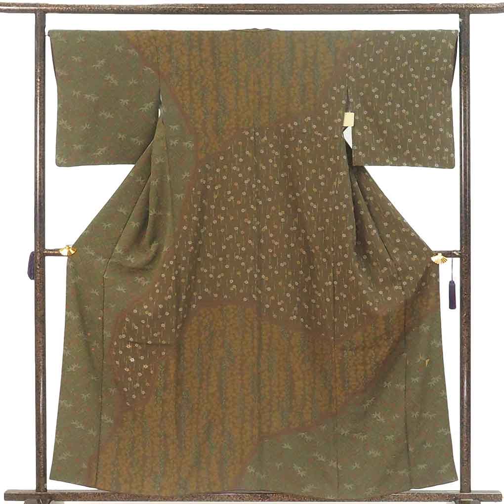 訪問着 リサイクル着物 身丈160cm 裄66cm 前幅25.5cm 後幅30cm 袖丈47cm 袖幅34cm レディース 袷 紅葉 裄長 裄M-Lサイズ 秋冬春用 正絹（シルク）ブラウン 美品 リメイク リユース【ランクA】
