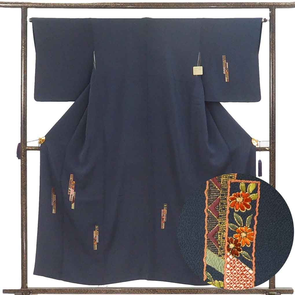 付下 リサイクル着物 身丈155cm 裄64cm 前幅25cm 後幅29cm 袖丈49cm 袖幅32.5cm レディース 袷 竹屋町刺繍 裄Mサイズ 秋冬春用 正絹（シルク）ネイビー 美品 リメイク リユース【ランクA】