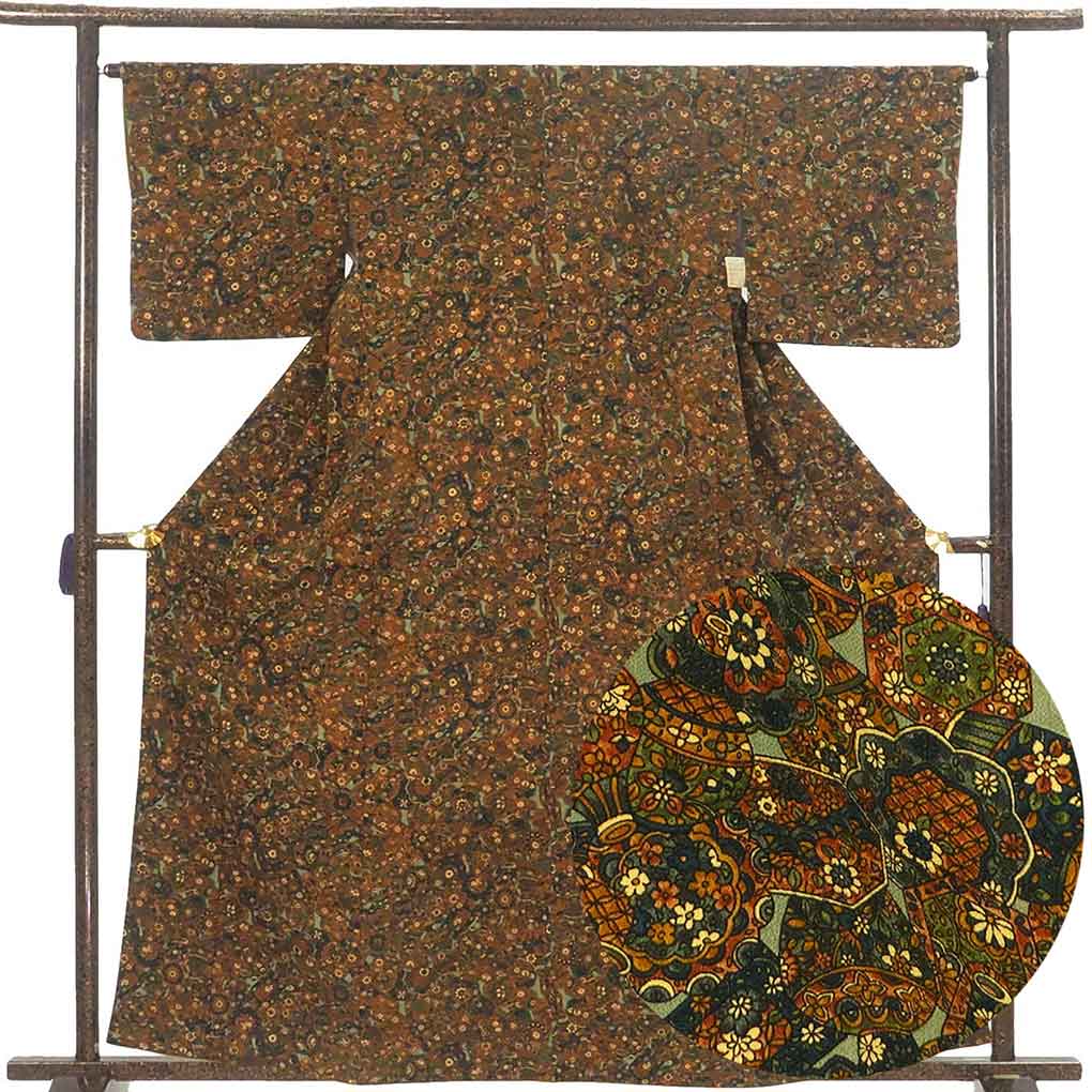 u*4様 未使用近い　美品　単衣　正絹　小紋　フルセット　身丈156 裄丈64 小紋 身丈168.5cm 裄丈69.5cm L 袷 袋帯セット 上代紬 霞 段