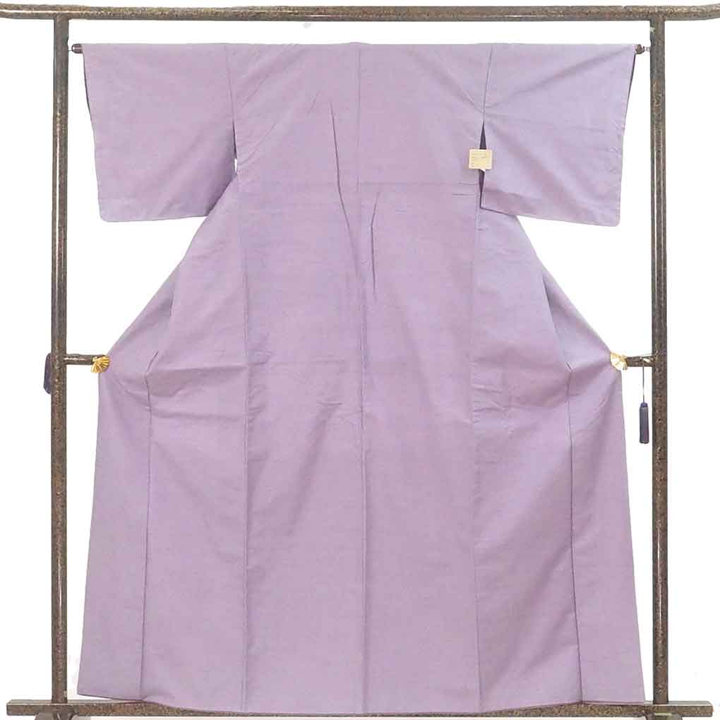 紬 リサイクル着物 身丈161cm 裄64.5cm 前幅25cm 後幅28.5cm 袖丈45cm 袖幅33cm レディース 袷 無地 裄Mサイズ 秋冬春用 正絹（シルク）パープル 未使用品 リメイク リユース【ランクS】