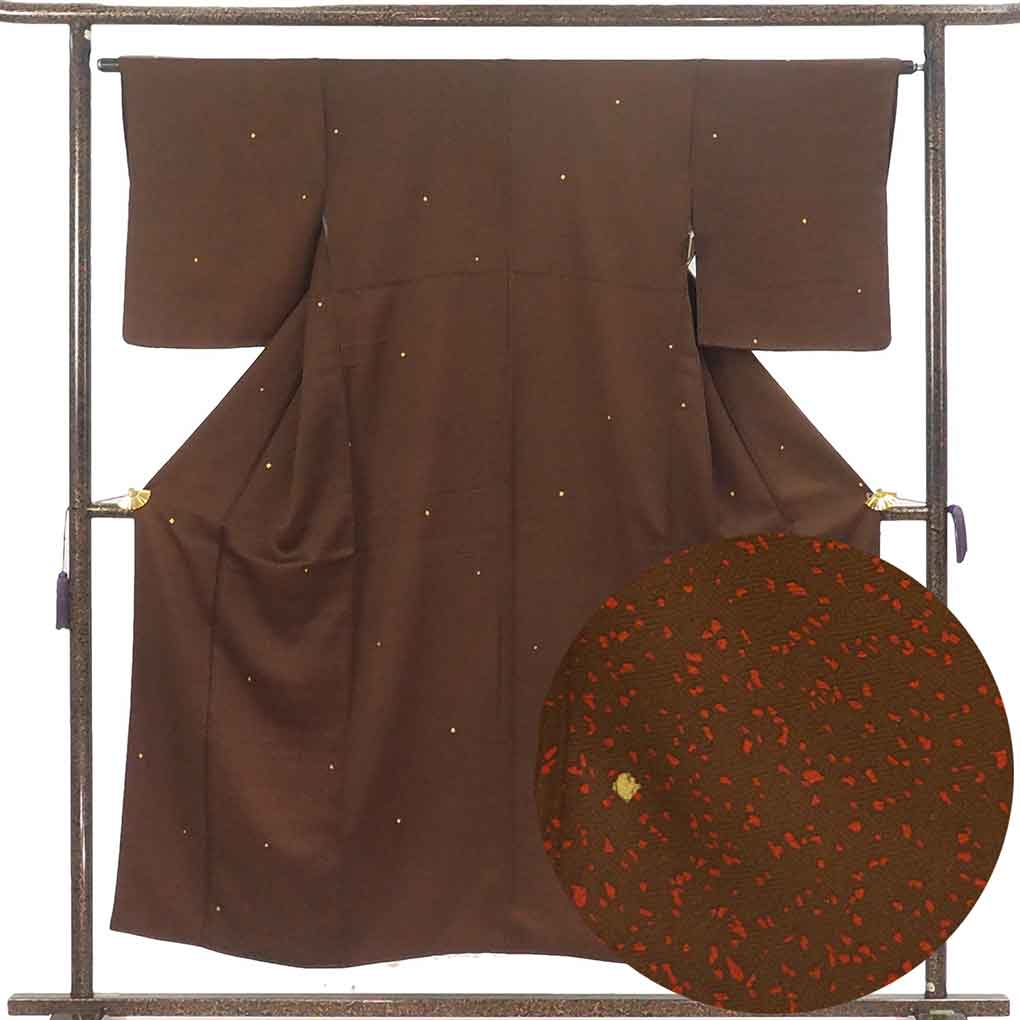 小紋 リサイクル着物 身丈152cm 裄63cm 前幅24cm 後幅28cm 袖丈49cm 袖幅32cm レディース 袷 糊散らし 裄Mサイズ 秋冬春用 正絹（シルク）ブラウン 美品 斎藤三才 リメイク リユース【ランクA】