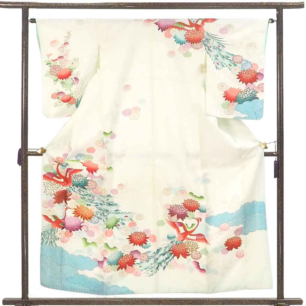 訪問着 リサイクル着物 身丈158cm 裄63cm 前幅23cm 後幅30cm 袖丈58cm 袖幅32cm レディース 袷 花柄 裄Mサイズ 秋冬春用 ポリエステル グリーン やや難 リメイク リユース【ランクB】