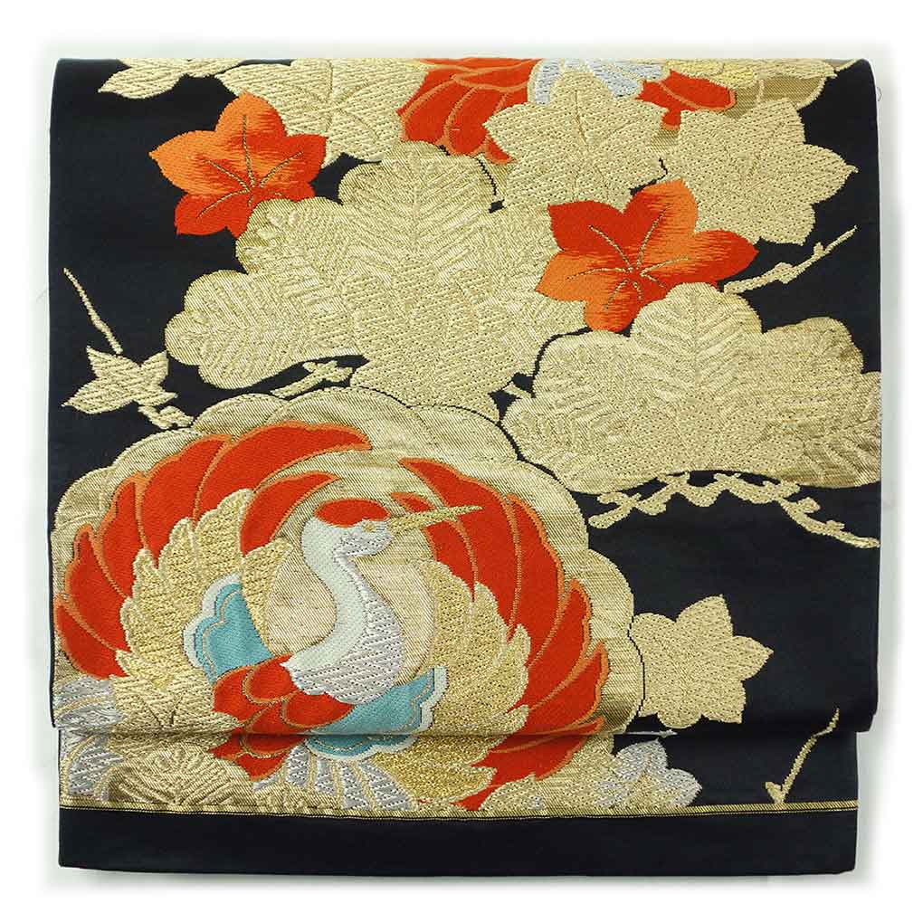 袋帯 リサイクル帯 幅30.5cm 長さ415cm レディース 鶴 秋冬春用 正絹（シルク）ブラック 美品 リメイク リユース【ランクA】