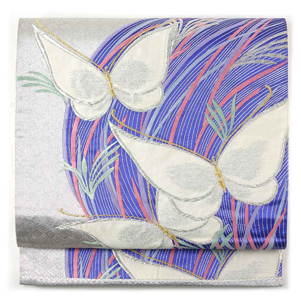 袋帯 リサイクル帯 幅31cm 長さ433cm レディース 蝶柄 秋冬春用 正絹（シルク）シルバー 美品 リメイク リユース【ランクA】