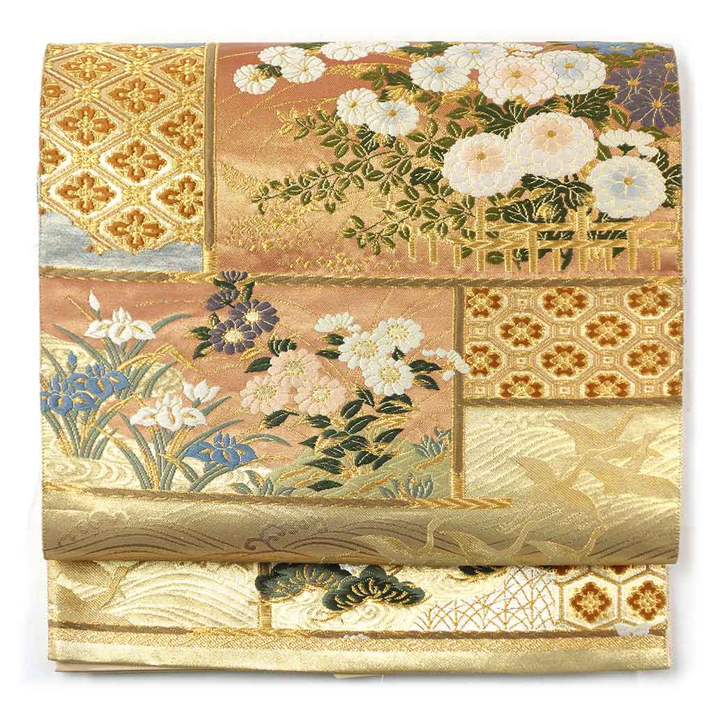 袋帯 リサイクル帯 幅31cm 長さ430cm レディース 花柄 秋冬春用 正絹（シルク）ゴールド 美品 リメイク リユース【ランクA】