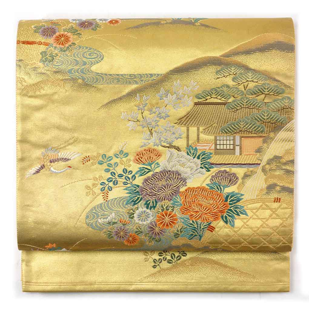 袋帯 リサイクル帯 幅31cm 長さ430cm レディース 風景画 秋冬春用 正絹（シルク）ゴールド 美品 リメイク リユース【ランクA】