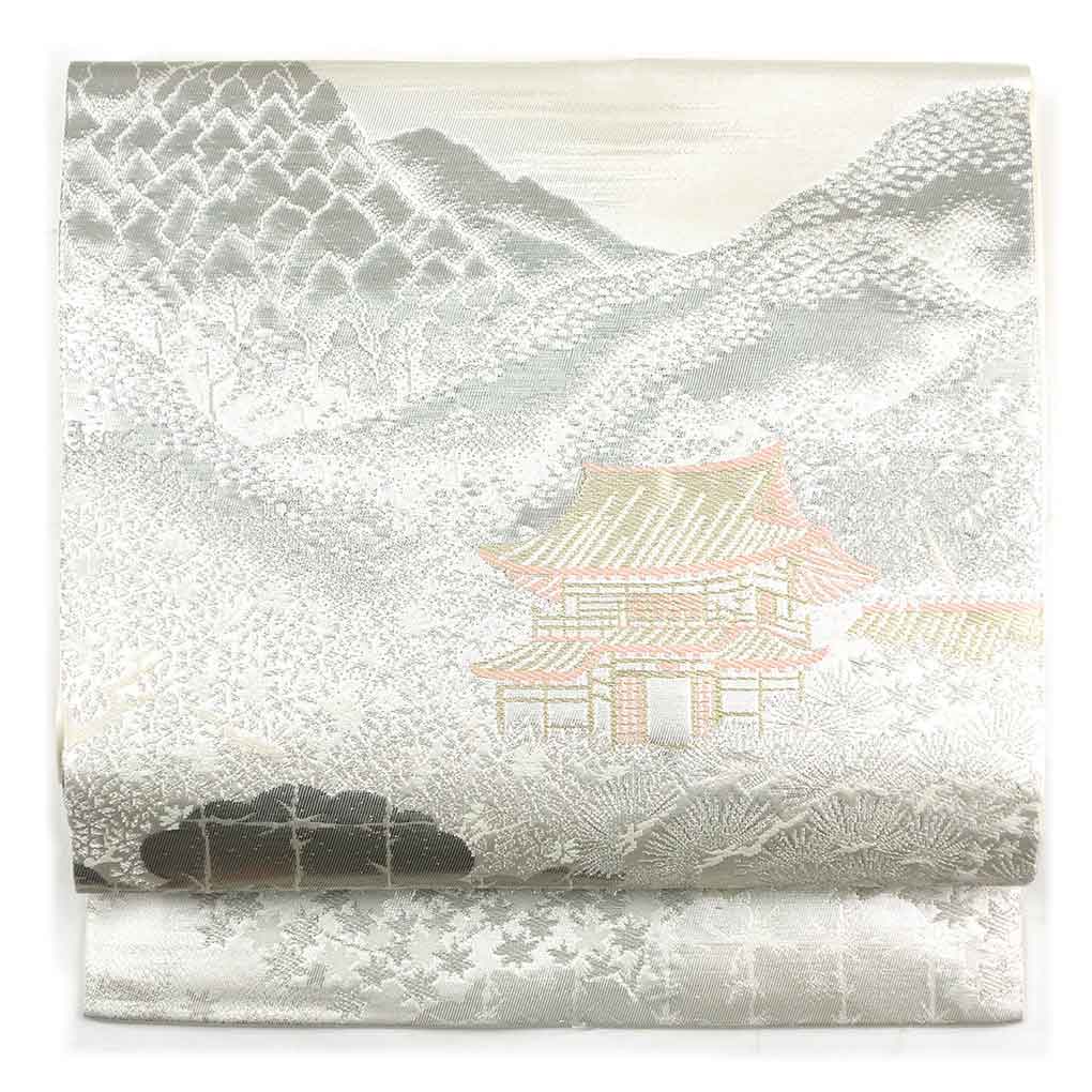 名古屋帯 リサイクル帯 幅30cm 長さ360cm レディース 風景画 秋冬春用 正絹（シルク）シルバー 美品 リメイク リユース【ランクA】