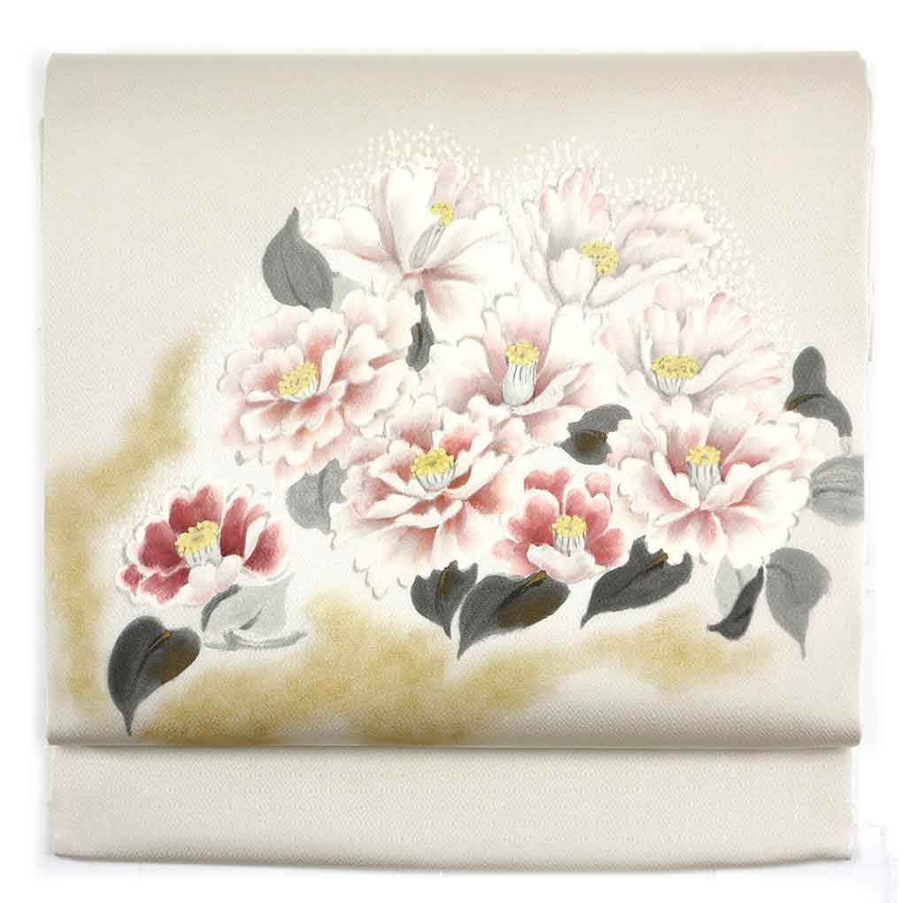 名古屋帯 リサイクル帯 幅30.5cm 長さ362cm レディース 花柄 秋冬春用 正絹（シルク）ベージュ やや難 リメイク リユース【ランクB】