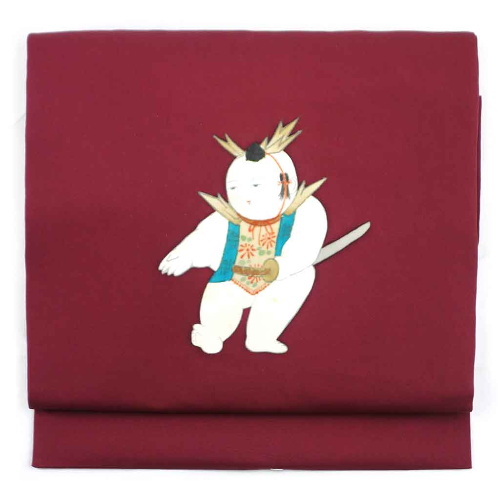 名古屋帯 リサイクル帯 幅30cm 長さ354cm レディース 唐子人形 秋冬春用 正絹（シルク）パープル 難有り リメイク リユース【ランクC】